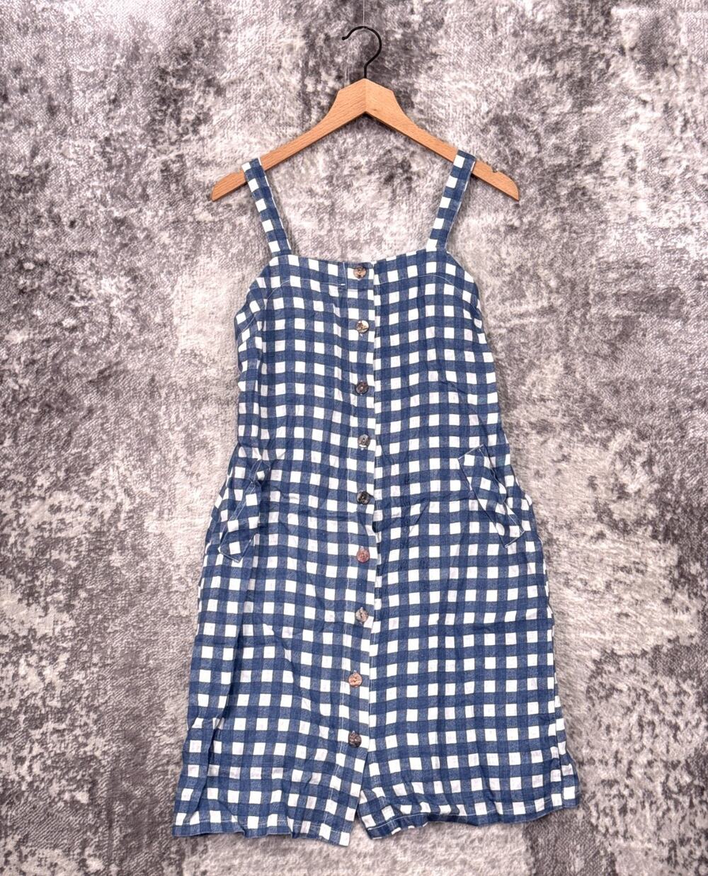 New Terzo Millennio Dress Small Womens 100% Linen Blue Gingham Check Button
